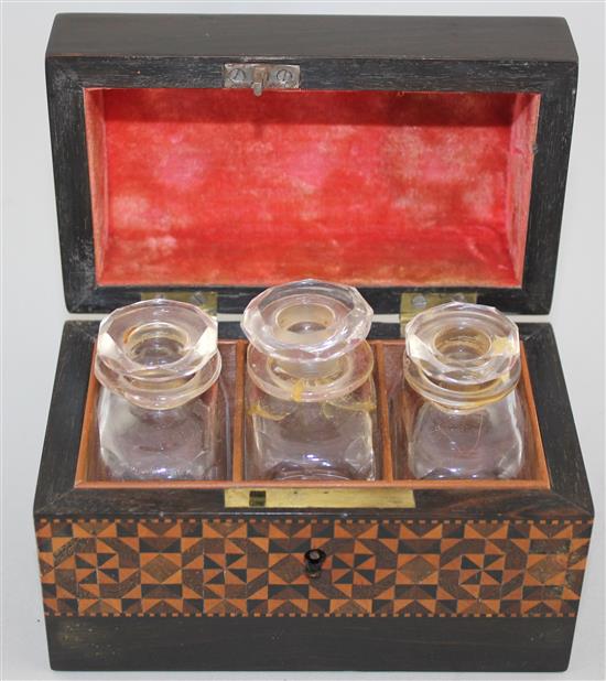 A Tunbridge ware coromandel half square mosaic banded triple scent bottle box, 5.25in.
